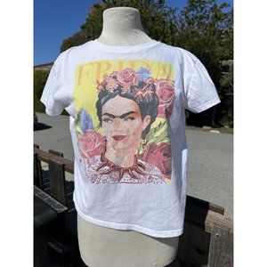 Frida Kahls Shirt Medium White Face  Floral Graphic Spell out Short Sleeve Women